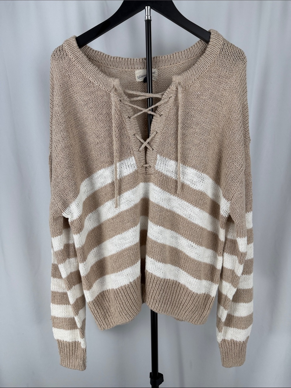 Universal Thread Lace-Up V-Neck Striped Sweater - Beige & White